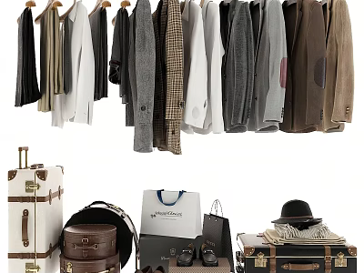 Hanging Clothes Display With Various Suits Coats And Travel Accessories Including Suitcases Bags Hat 3d model