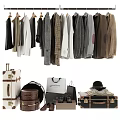 Hanging Clothes Display With Various Suits Coats And Travel Accessories Including Suitcases Bags Hat