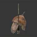 Ancient Rusted Weapons With Bronze Sword Iron Helmet And Shield