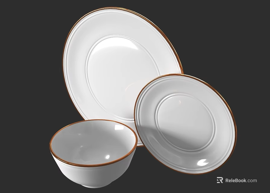 Elegant White Dinnerware Set With Gold Rimmed Bowl And Round Plates 3d model 
