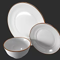 Elegant White Dinnerware Set With Gold Rimmed Bowl And Round Plates