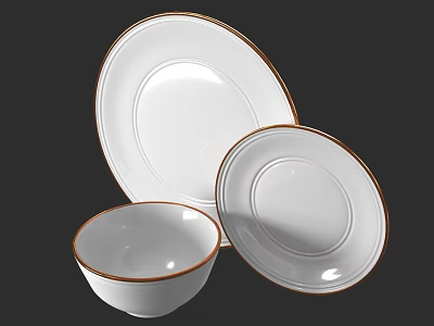 Elegant White Dinnerware Set With Gold Rimmed Bowl And Round Plates 3d model