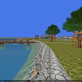 Scenic Landscape Bridge with Blue Water Stone Shore Green Grass Trees Pavilions Red White Lighthouses