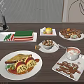 Plated Assorted Foods Pasta Desserts Cookies Coffee Donuts And Nuts On Wooden Table