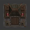 Cartoon Style Chinese Traditional Building Scene With Curved Eaves Tiled Roof And Red Doors
