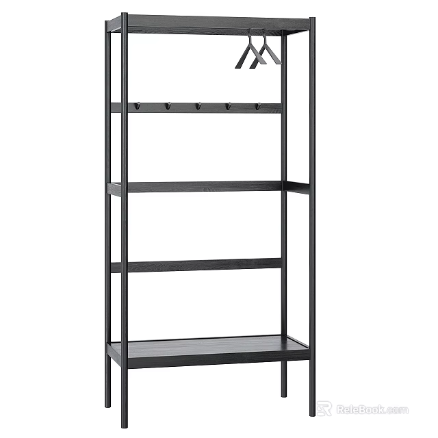 Modern Black Metal Open Wardrobe Structure With Multiple Shelves And Hooks 3d model 