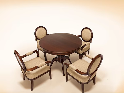 Classic Wooden Dining Table Set with Round Top and Four Upholstered Chairs 3d model