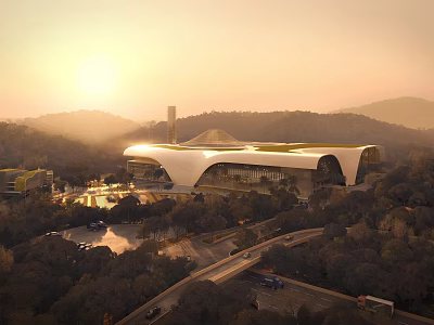 Modern Architectural Building With Green Roof Surrounded By Trees And Mountains At Sunset 3d model