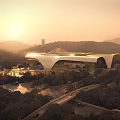 Modern Architectural Building With Green Roof Surrounded By Trees And Mountains At Sunset