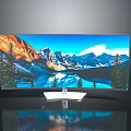 Curved Monitor Display With Scenic Mountain Lake Landscape And White Stand