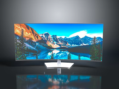 Curved Monitor Display With Scenic Mountain Lake Landscape And White Stand 3d model