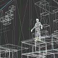 Game Movie Character Standing on Gray Block High Platform With Dark Wall and Geometric Decorations