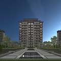 Modern Residential Building With Landscaping And Water Feature