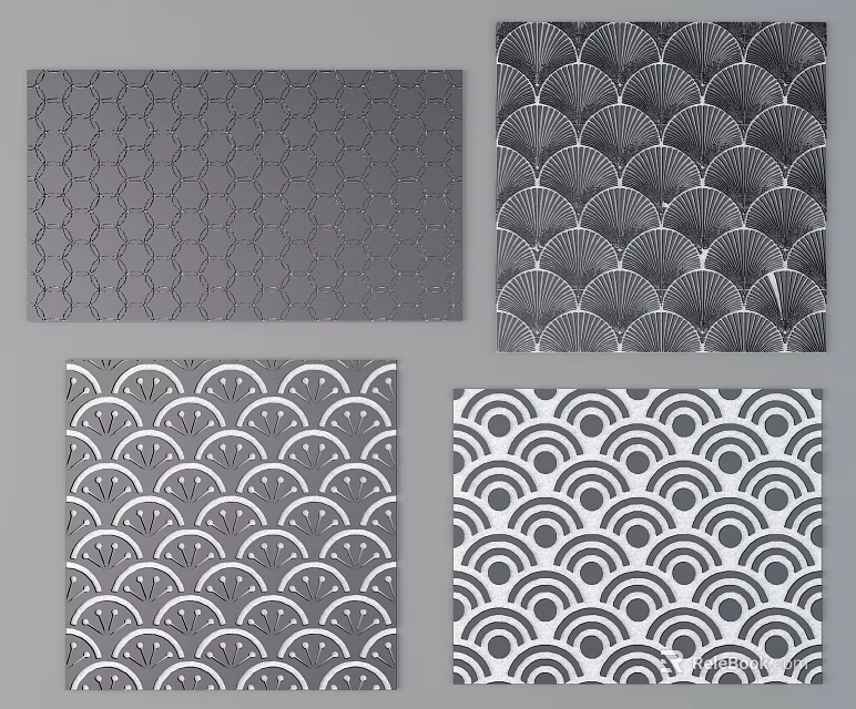 Intricate Carved Decorative Patterns with Fan Shaped and Circular Motifs for Interior Design 3d model 