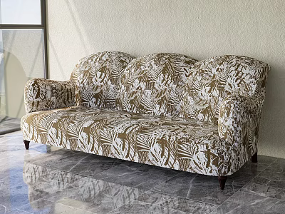 Multi Seater Sofa In Gold And White Leaf Pattern Against Light Wall With Marble Floor 3d model