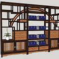 Traditional Chinese Wooden Display Shelf With Blue Storage Boxes Drawers And Potted Plants
