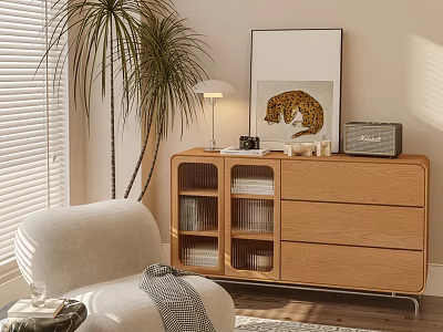 Modern Living Room Decorative Display Cabinet With Table Lamp Palm Plant And Leopard Wall Art 3d model