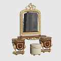 Ornate Dressing Table With Golden Trim Mirror Carved Details And Upholstered Stool