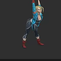Blonde Game and Movie Character With Blue Leather Jacket Red Accents Black Choker Raised Arms