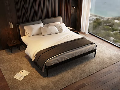 Modern Double Bed with Dark Wooden Wall Nightstand Table Lamp and Sea View Through Window 3d model