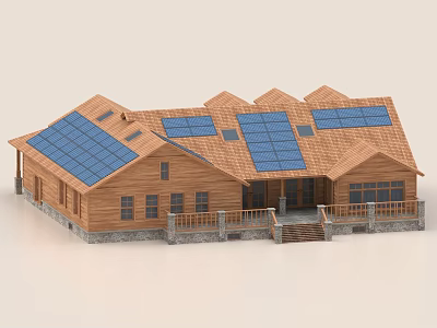 Wooden Detached House with Solar Panels Multiple Gables Porch and Stone Base 3d model