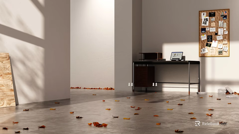 Home Office Interior With White Walls Gray Floor Black Desk And Scattered Autumn Leaves 3d model 