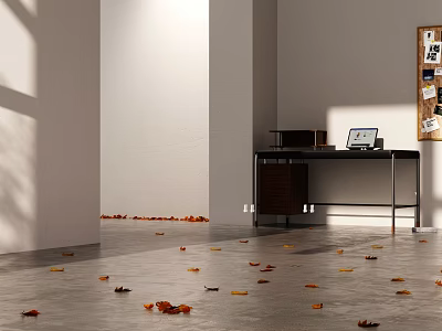 Home Office Interior With White Walls Gray Floor Black Desk And Scattered Autumn Leaves 3d model