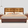 Modern Double Bed with Leather Padded Headboard Wooden Frame Nightstands and Table Lamps