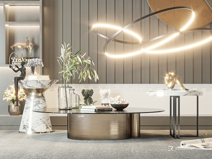 Elegant Modern Coffee Table With Marble Top Metal Base Olive Plant And Lion Statue 3d model 