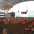 Spacious Café Interior With Arched Ceiling Hanging Pendant Lights Wooden Long Tables And Shelves