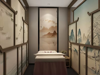 Traditional Chinese SPA Room Interior With Massage Bed Wooden Frame And Landscape Paintings 3d model