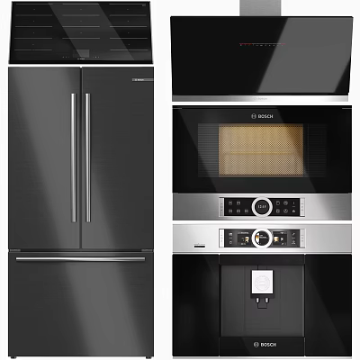 Modern Black Stainless Steel Kitchen Appliances With Bosch Refrigerator Microwave And Built in Design 3d model