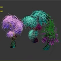 Vibrant Cartoon Scene With Purple Teal Pink Leaf Trees Curved Trunks