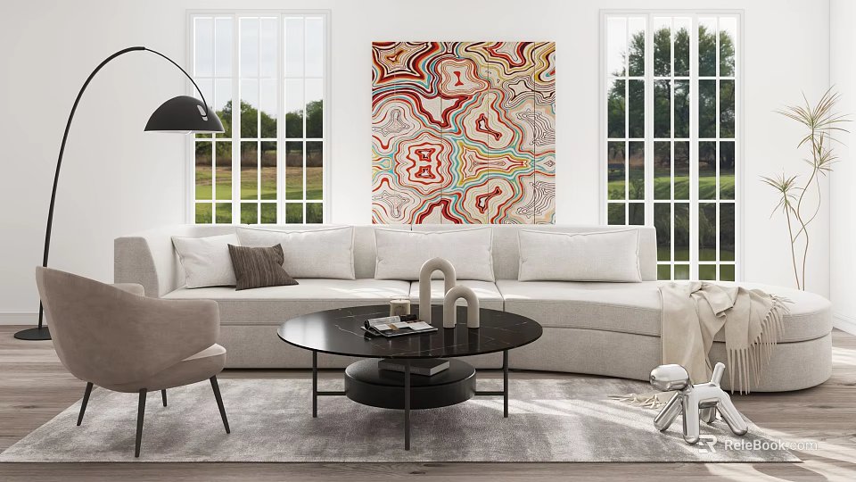 White Sofa Coffee Table Set With Black Round Table Throw Pillows Abstract Painting Large Windows 3d model 