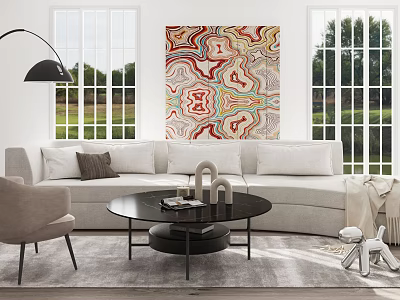 White Sofa Coffee Table Set With Black Round Table Throw Pillows Abstract Painting Large Windows 3d model