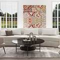 White Sofa Coffee Table Set With Black Round Table Throw Pillows Abstract Painting Large Windows
