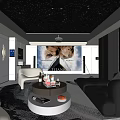 Home Theater Room With Starry Sky Ceiling Large Screen TV Sofa Round Rug And Treadmill