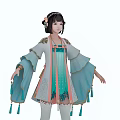 Traditional Chinese Female Character With Double Bun Hair And Blue Cyan Tassel Outfit
