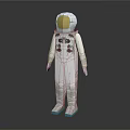 Man in white spacesuit with gold helmet and blue boots against dark background