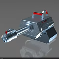 Gray Metallic Weapon Featuring Long Barrel Red Handles And LW Logo Mechanical Design