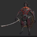 Fiery Demon Creature With Burning Lava Veins Standing Pose Sword Shield Horns Muscular Build Chains