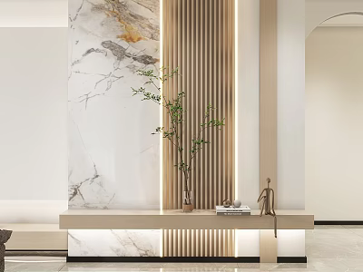 Modern Entryway Console Table With Marble Backdrop Wooden Slat And Green Plant 3d model