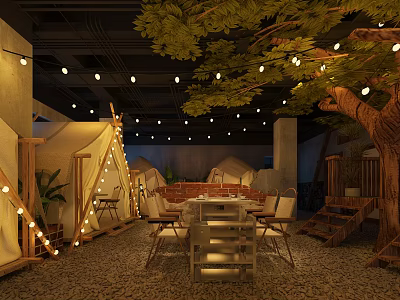 Cozy Camping Style Restaurant With Tents Trees String Lights And Pebble Floor 3d model