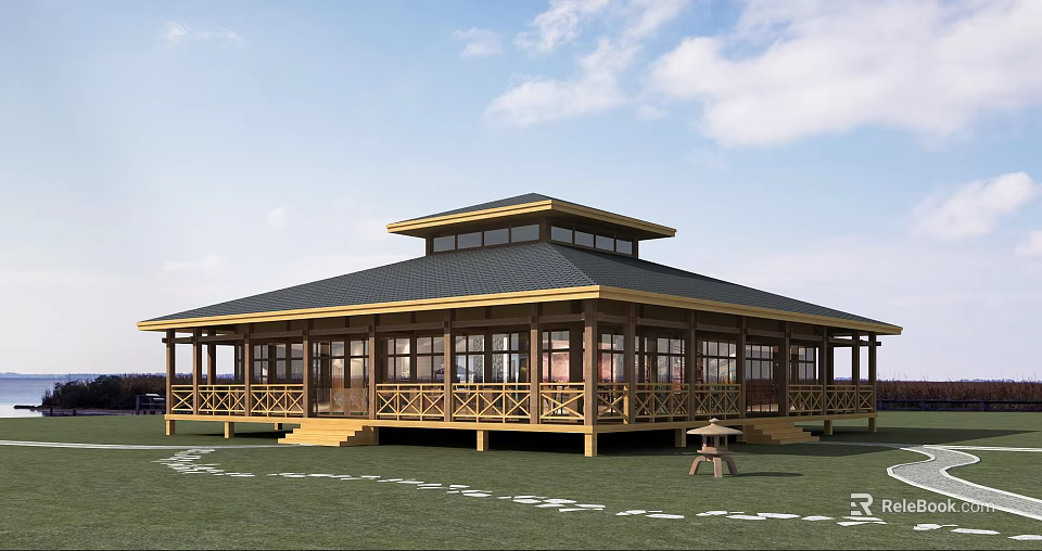 Two Story Wooden House With Black Roof Yellow Accents Large Windows Porch Steps And Grassland 3d model 