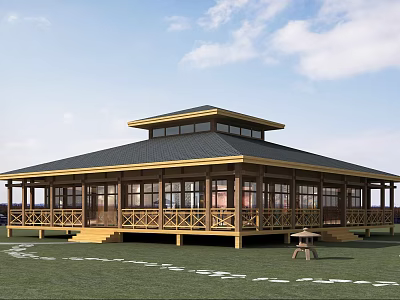 Two Story Wooden House With Black Roof Yellow Accents Large Windows Porch Steps And Grassland 3d model