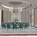 Luxurious Private Dining Room With Round Chandelier Marble Walls Blue Chairs And Floral Centerpiece