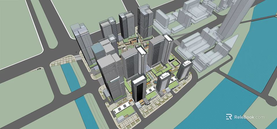 High Rise Residential Buildings In Urban Area With Green Spaces And Waterfront 3d model 