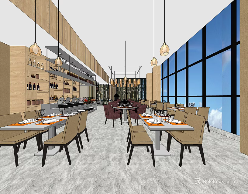 Spacious Modern Restaurant Interior With Large Windows Pendant Lights Dining Tables And Wine Rack 3d model 