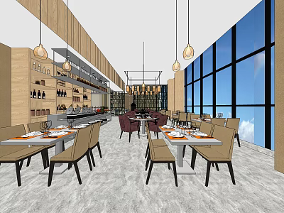Spacious Modern Restaurant Interior With Large Windows Pendant Lights Dining Tables And Wine Rack 3d model