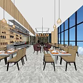 Spacious Modern Restaurant Interior With Large Windows Pendant Lights Dining Tables And Wine Rack